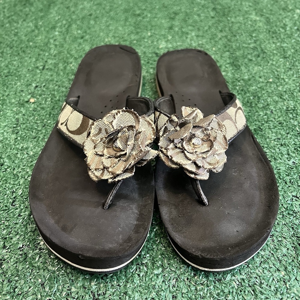 Coach Jillian Brown Flower Logo Design Women's Sz 8.5 Thong Flip Flops Comfort